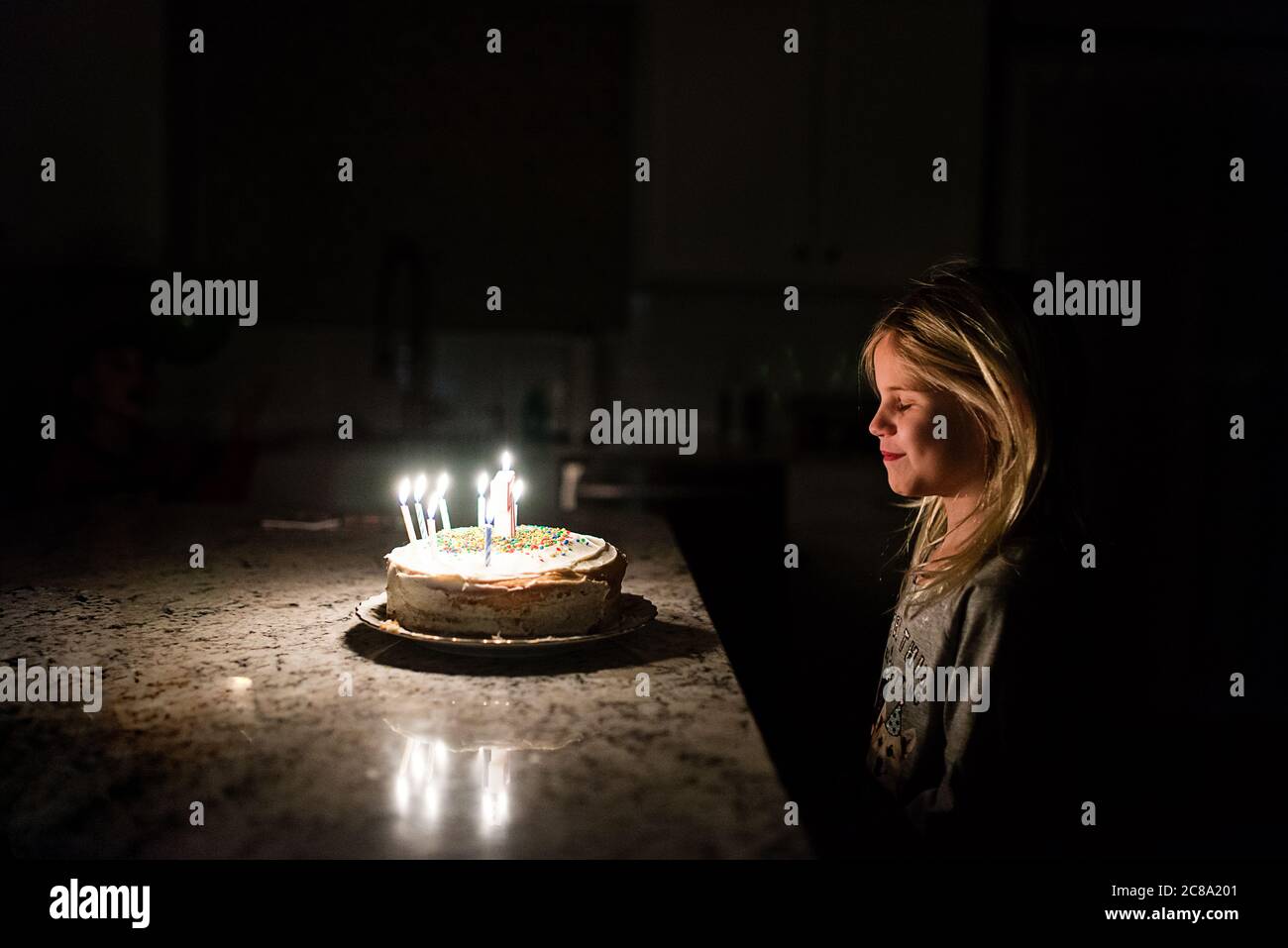 Little girl making a wish before blowing out birthday candles Stock