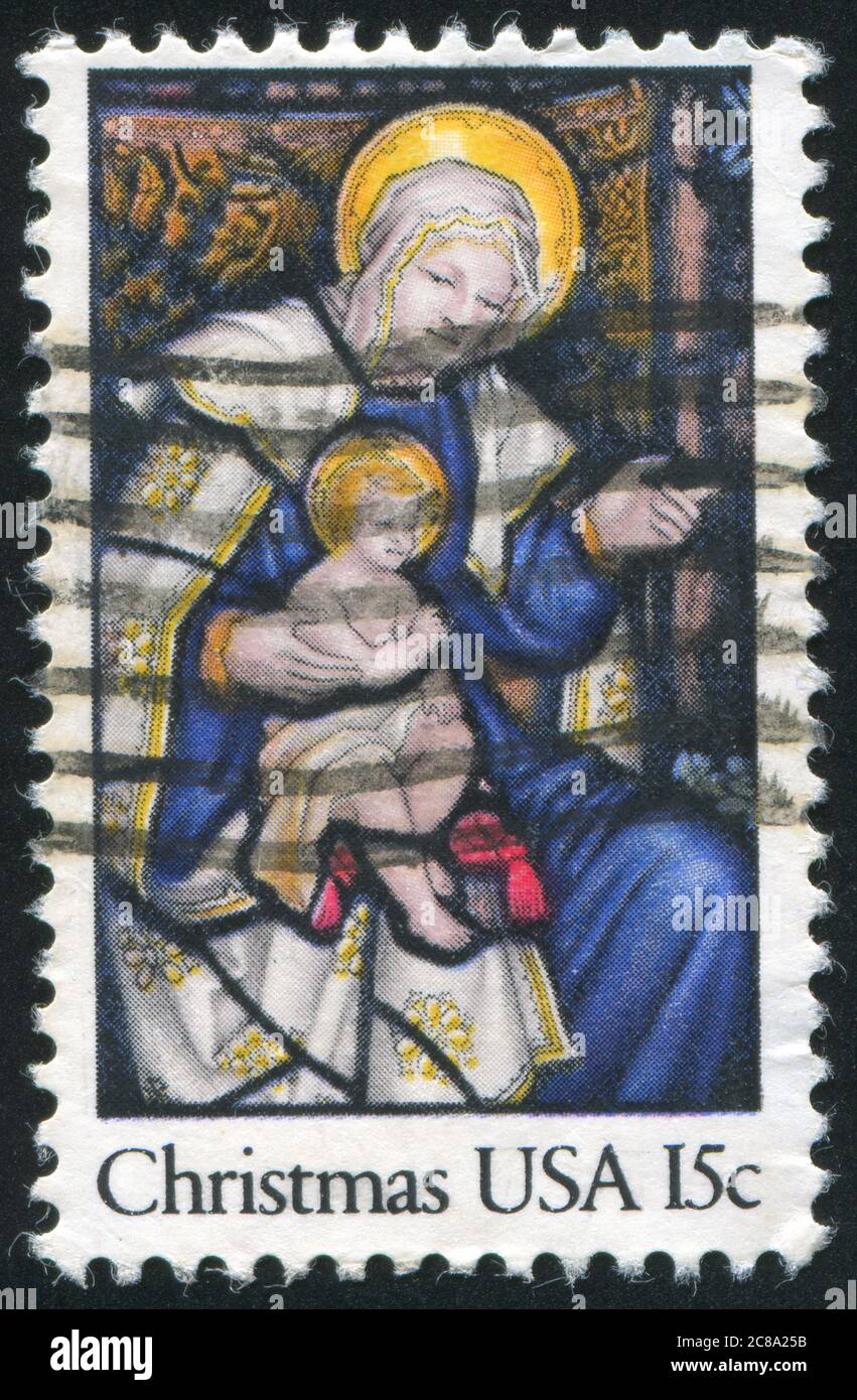 UNITED STATES - CIRCA 1980: stamp printed by United States of America, shows Madonna and the child, circa 1980 Stock Photo