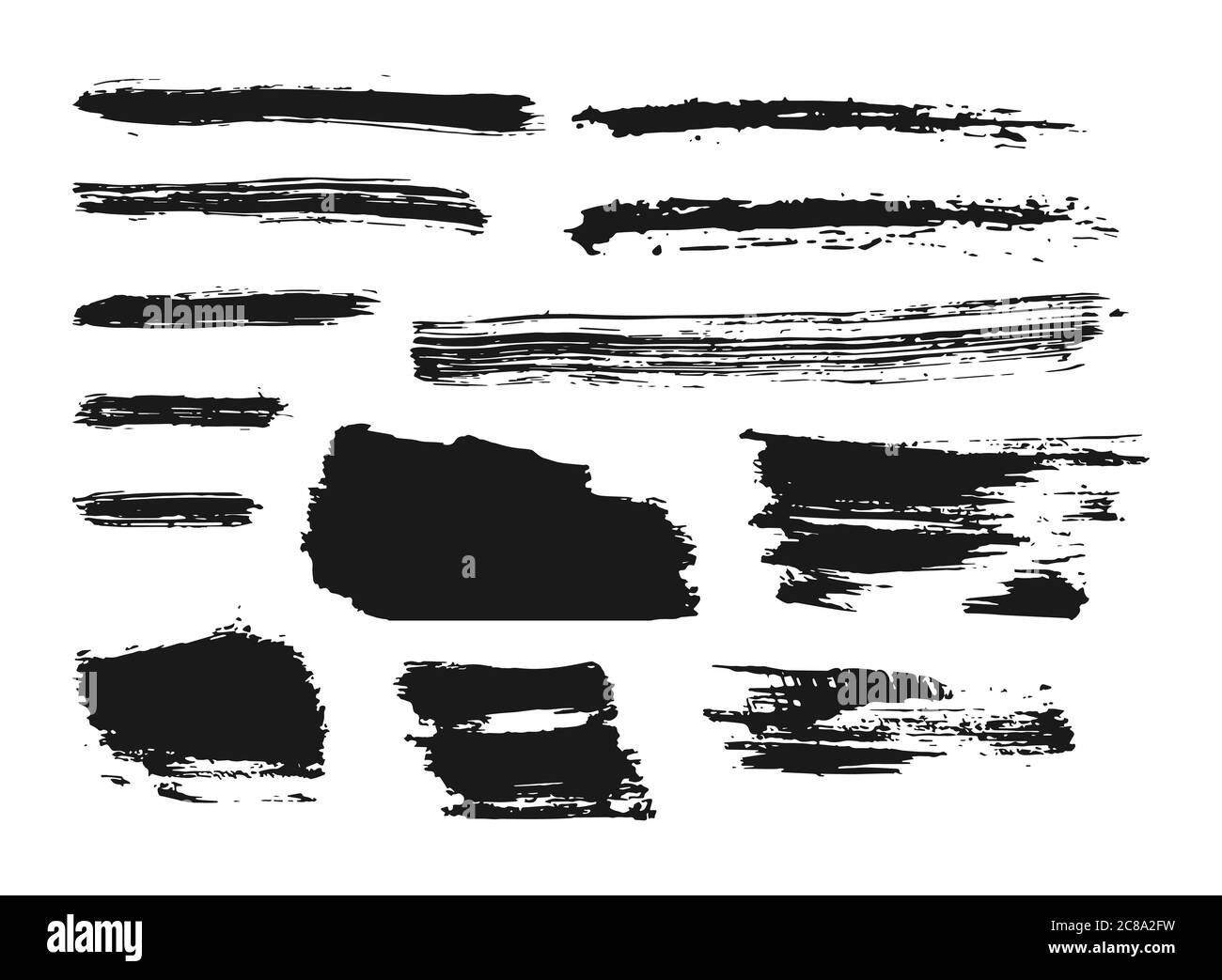 Set of black paint, ink brush strokes. Abstract lines, grungy texture. Dirty grunge background for text. Different hand drawn silhouette elements for digital brushes. Isolated vector illustration Stock Vector