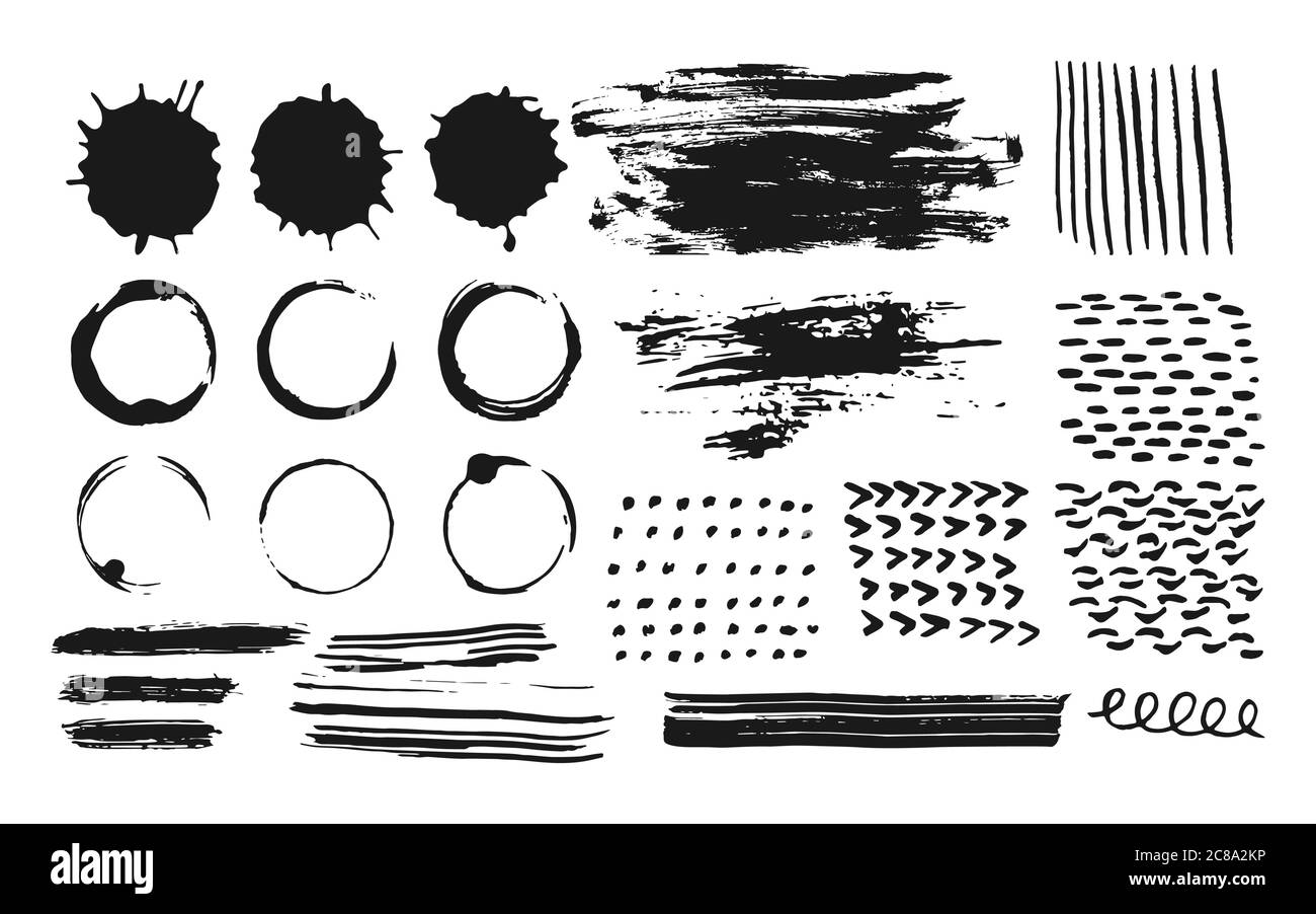 Abstract set of ink strokes, coffee circles of paint, splashes and drop. Hand drawn doodle element dot, dabs, wavy line. Stains grunge splatter texture for banner Vector brushes Isolated illustration Stock Vector