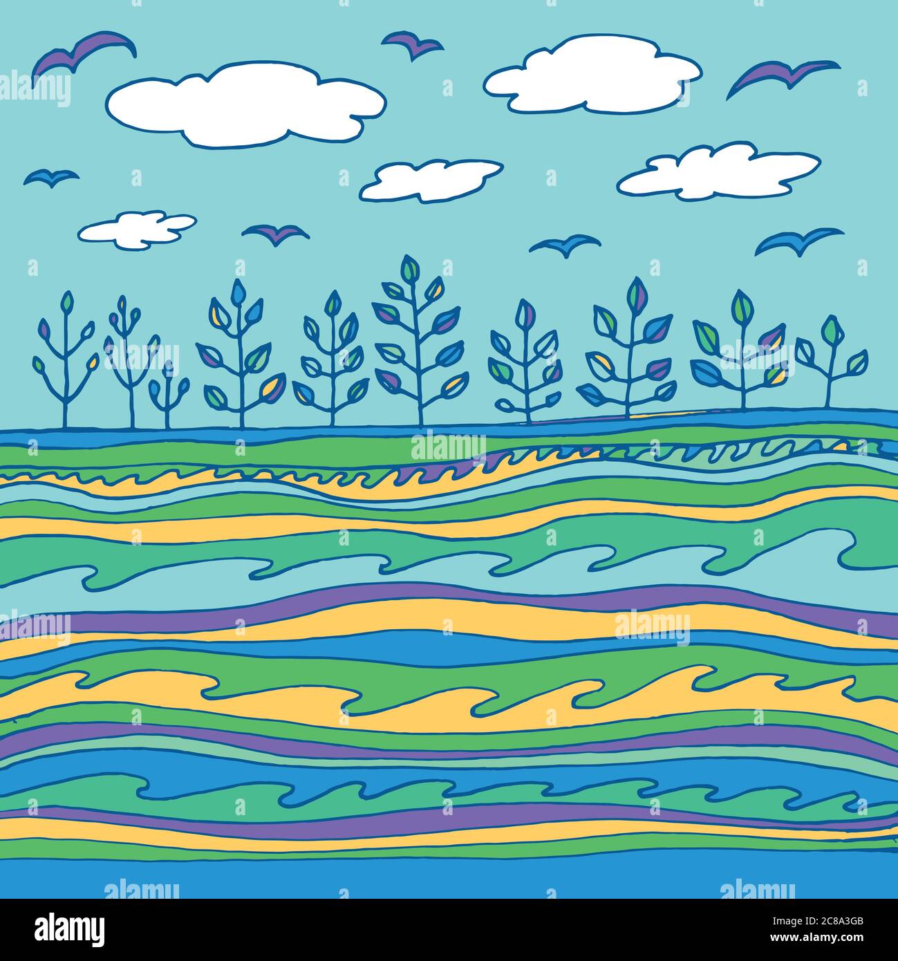 Summer sea and sky with clouds and birds. Vector hand drawn simple line