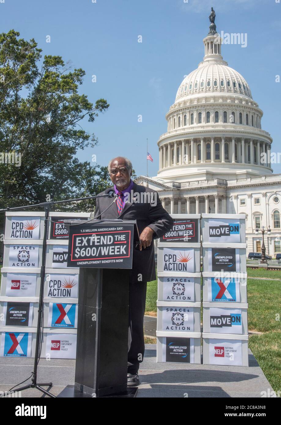 Washington DC, July 22, 2020, USA:With boxes of signed petitions in boxes, Congressman Danny K Davis, D-IL spoke to a small and enthusiastic crowd on the East Side of the US Capital demanding that the $600 weekly extended unemployment money be continued thru the end of 2020 or as long as the COVID-19 pandemic affects the country. Patsy Lynch/MediaPunch Stock Photo