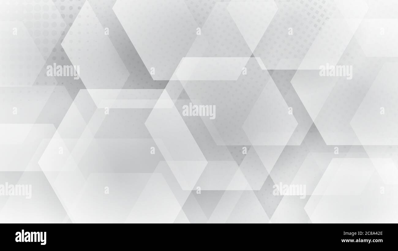 Abstract background of hexagons and halftone dots in white and gray ...