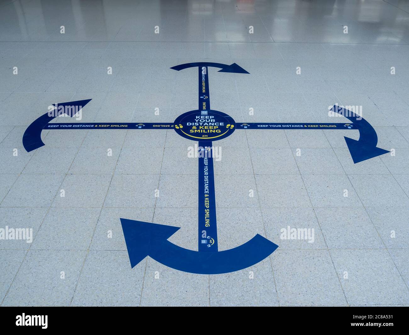 Covid 19 social distancing measures at the Eastgate Shopping Centre, Inverness. Pedestrian one way system incorporating a roundabout. Stock Photo