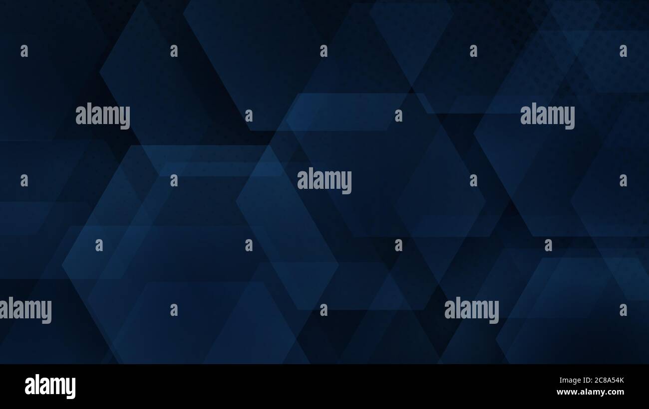 Abstract background of hexagons and halftone dots in dark blue colors Stock Vector