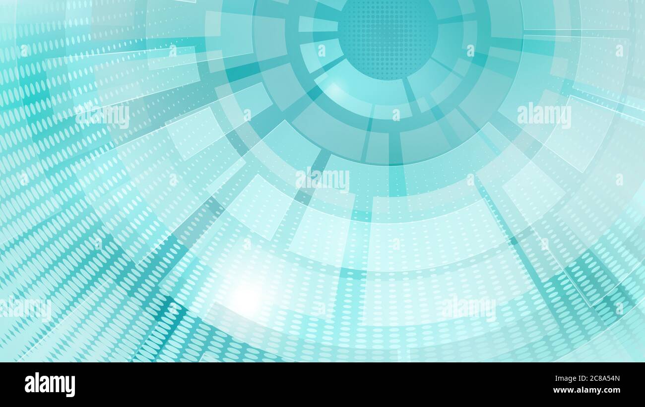 Abstract background of concentric circular elements and halftone dots in white and turquoise colors Stock Vector