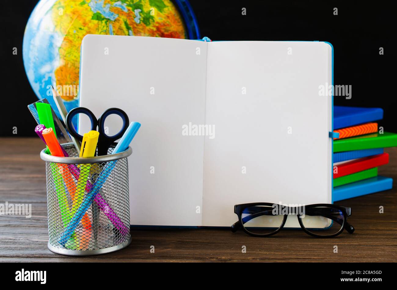 Back to school. Education concept with open empty notebook and school ...