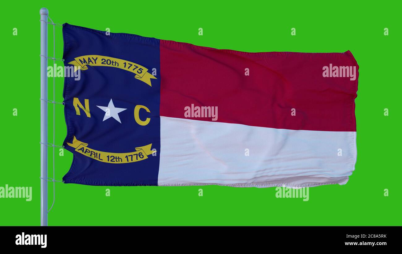 State flag of North Carolina waving in the wind against green screen ...