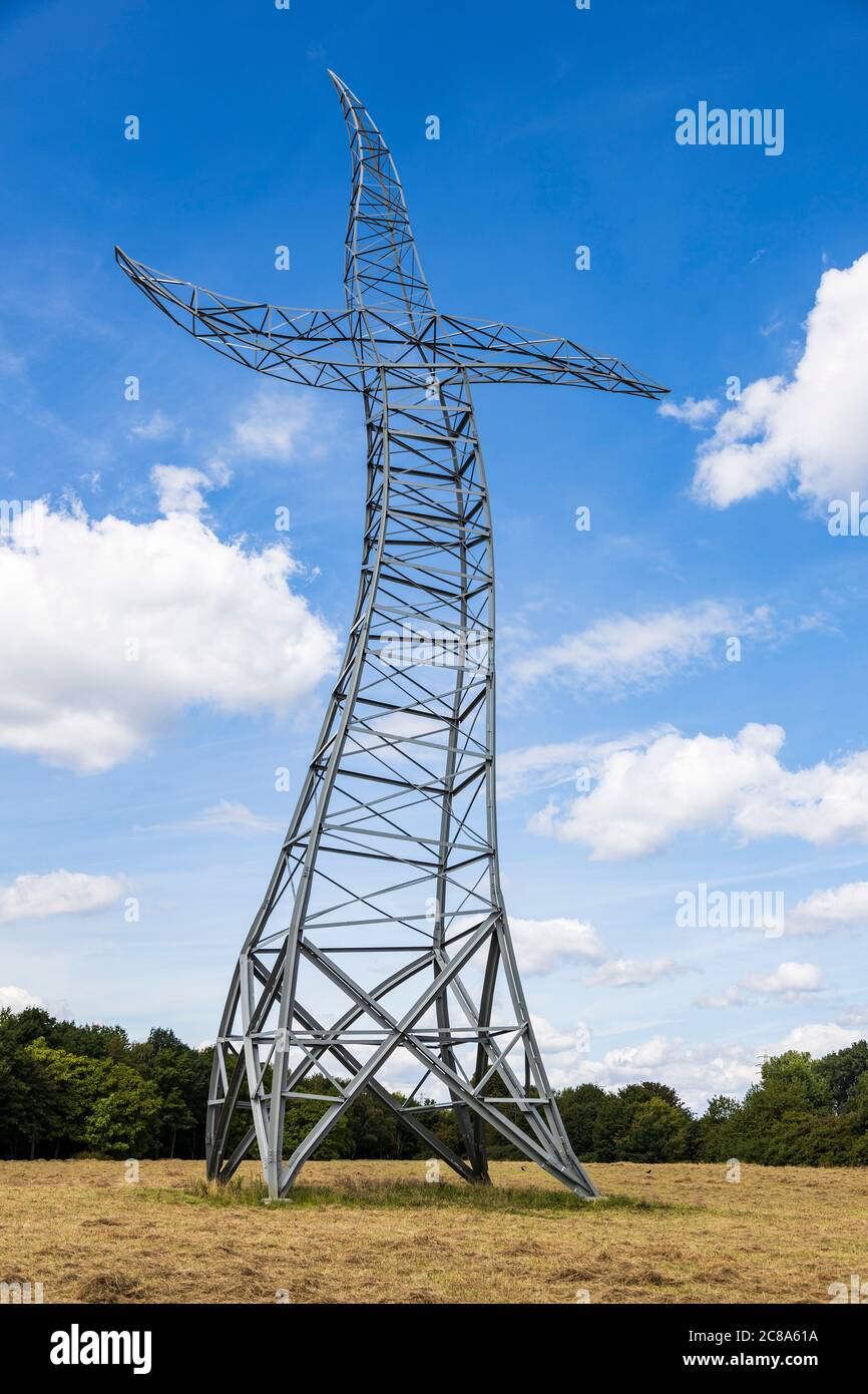 Sorcerer’s Apprentice or Zauberlehrling electricity pylon artwork of Emscherkunst, Emscher Landschaftspark, Oberhausen, Rhineland, Germany Stock Photo