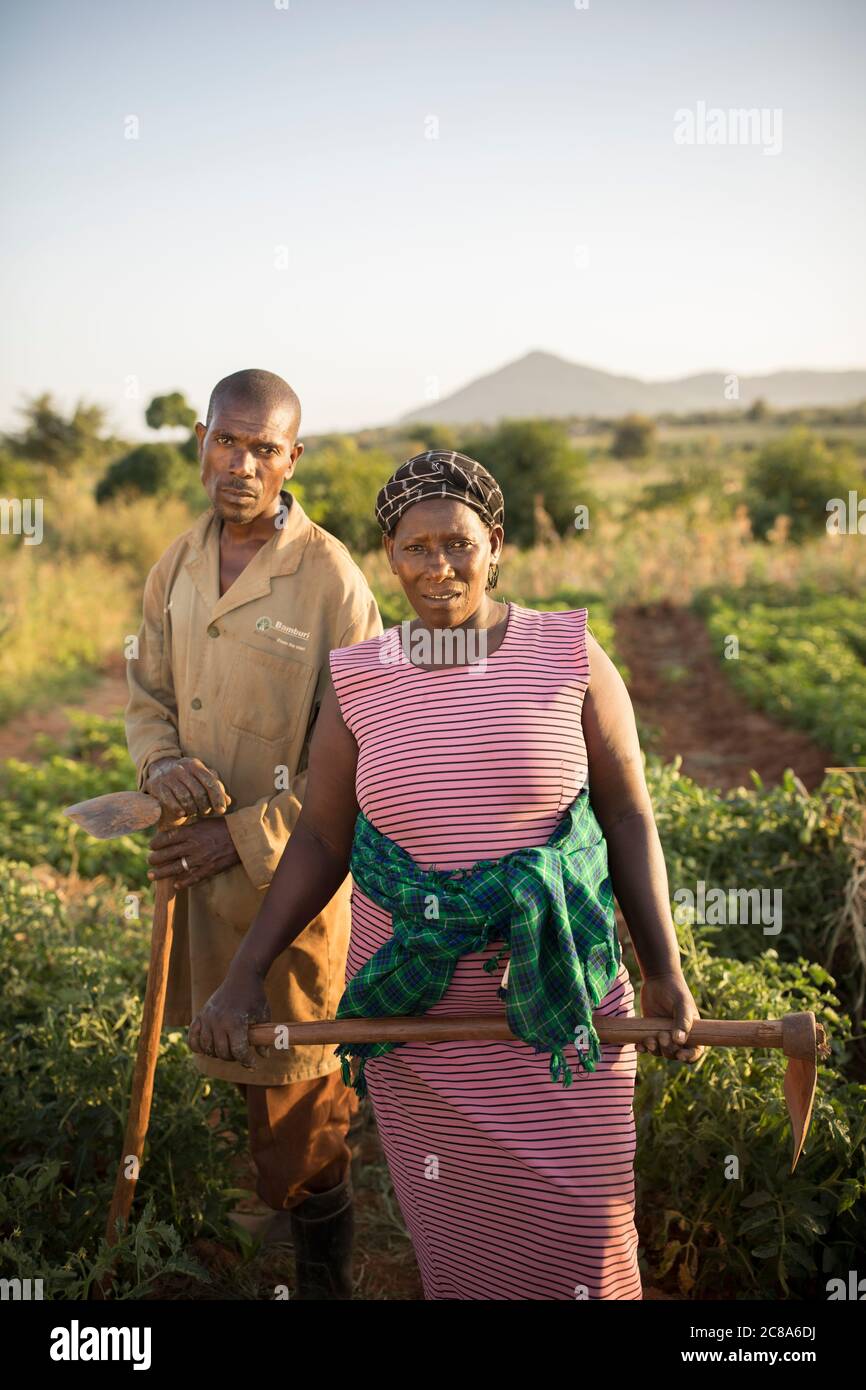 A wife and husband stand together holding hoes on their farm in Makueni County, Kenya, Africa. Stock Photo