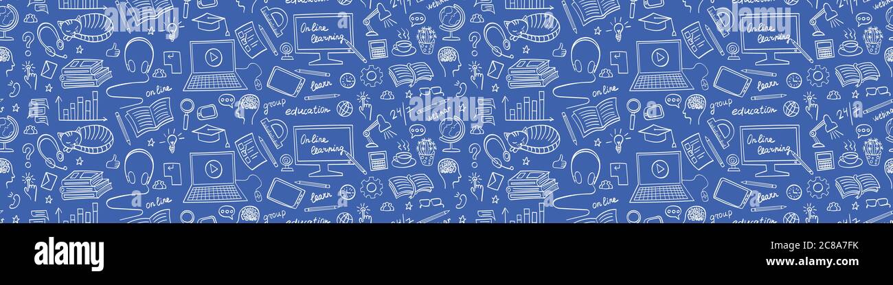 Online education seamless border. Distance learning doodles on blue ...