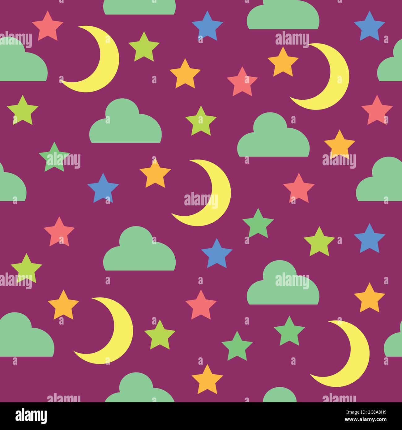 Seamless pattern with night sky, moon, stars and clouds on viole Stock Vector