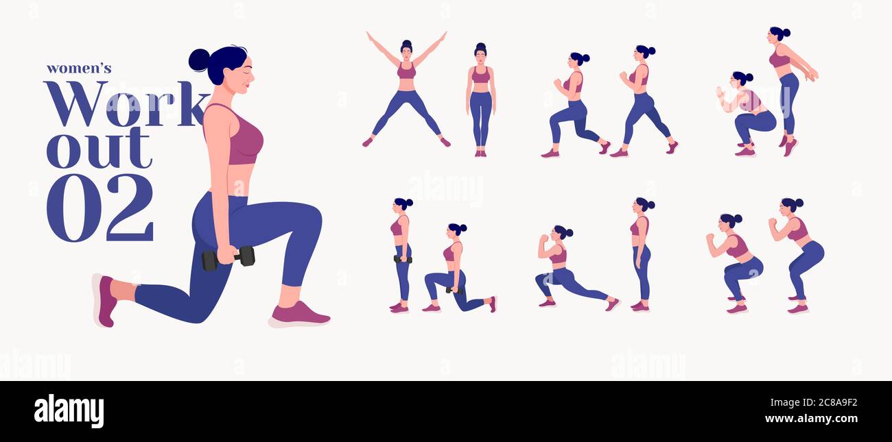 Workout women set. Women fitness and yoga exercises. Lunges, Pushups, Squats, Dumbbell rows, Burpees, Side planks, Situps, Glute bridge, Leg Raise,  R Stock Vector