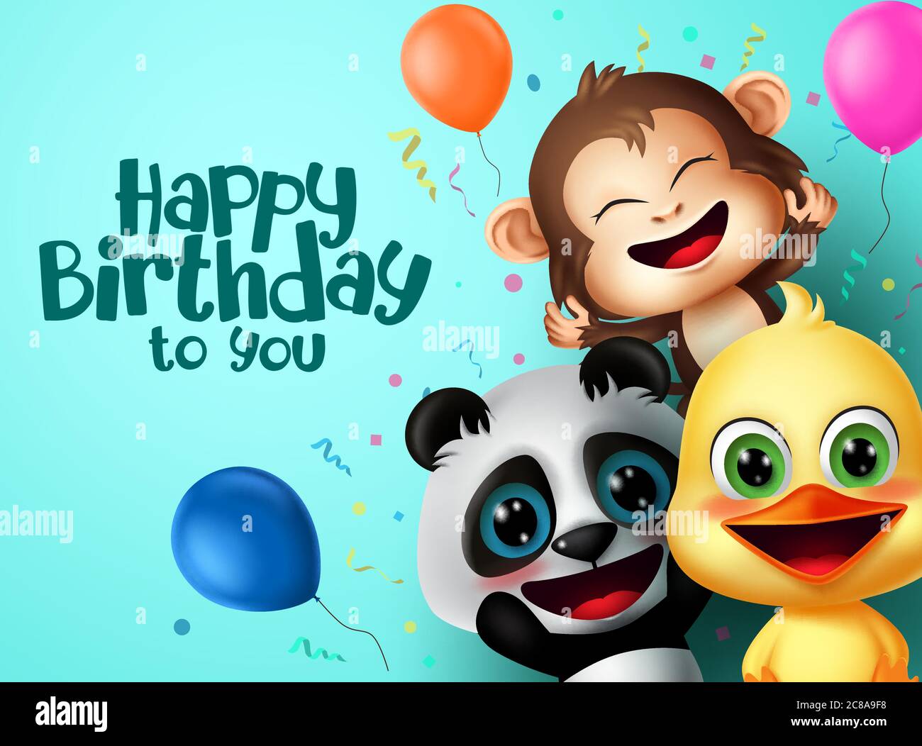 Birthday party animals character vector design. Happy birthday text with  friends surprise animal characters and colorful party elements like balloon  Stock Vector Image & Art - Alamy