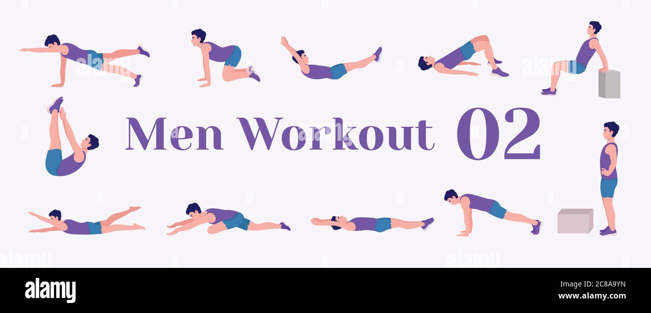 Workout men set. Men doing fitness and yoga exercises. Lunges, Pushups, Squats, Dumbbell rows, Burpees, Side planks, Situps, Glute bridge, Leg Raise, Stock Vector