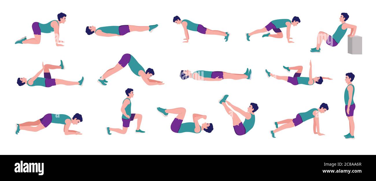 Workout men set. Men doing fitness and yoga exercises. Lunges, Pushups, Squats, Dumbbell rows, Burpees, Side planks, Situps, Glute bridge, Leg Raise, Stock Vector