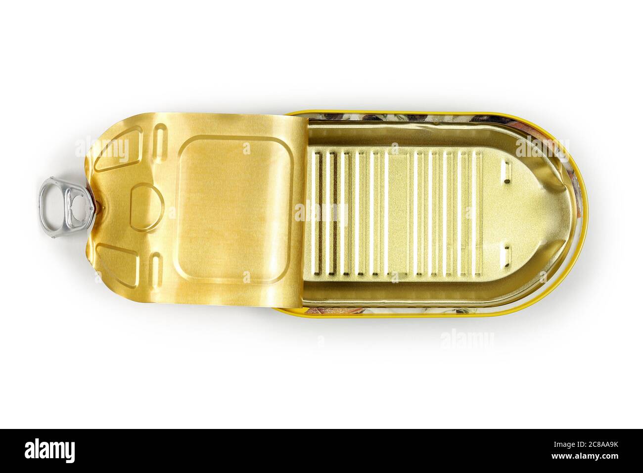 open and empty tin can on white, top view Stock Photo