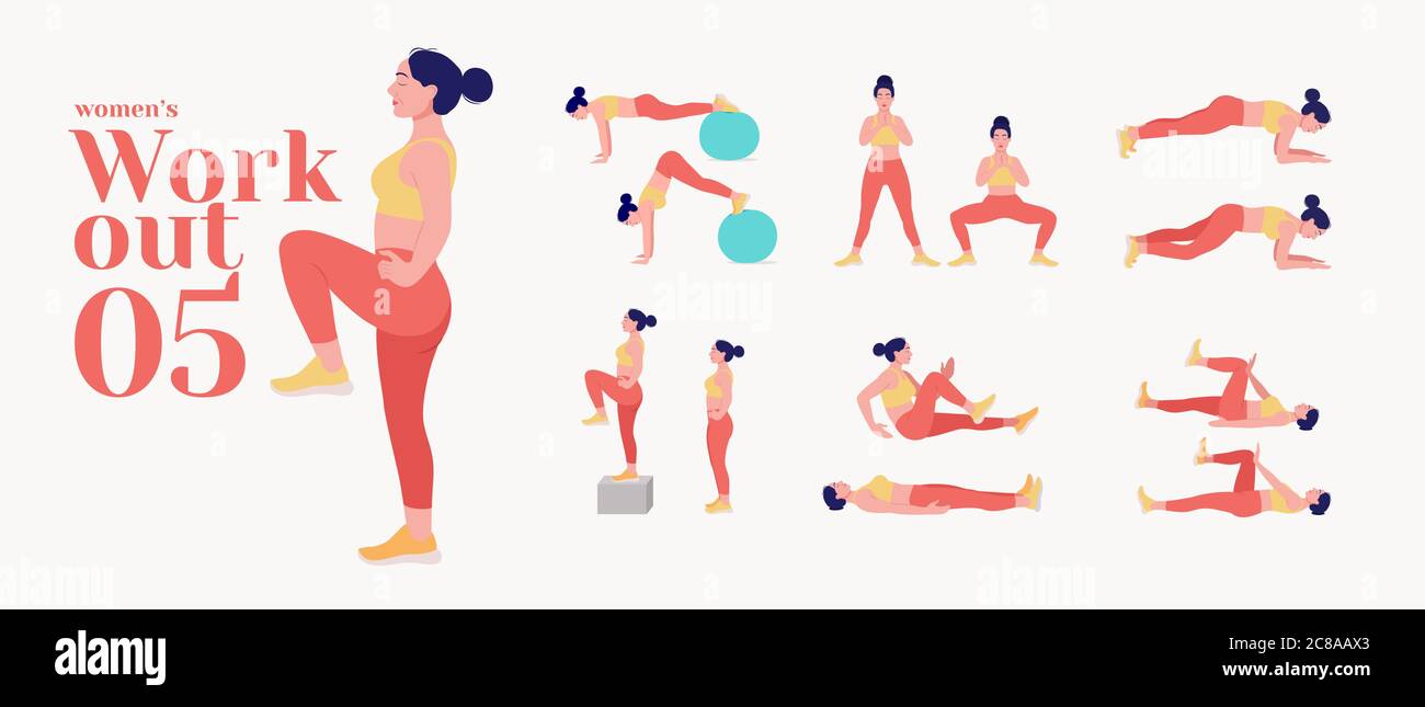 Workout women set. Women fitness and yoga exercises. Lunges, Pushups, Squats, Dumbbell rows, Burpees, Side planks, Situps, Glute bridge, Leg Raise,  R Stock Vector