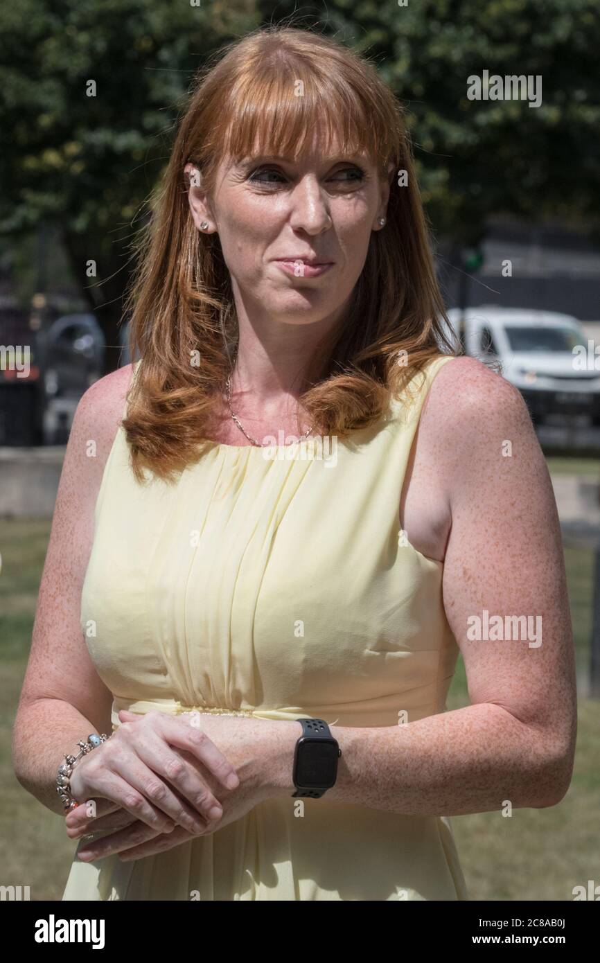 London, UK. 22nd July, 2020. Angela Rayner MP,  British politician, Labour Party Shadow First Secretary of State and Member of Parliament for Ashton-under-Lyne is interviewed on College Green in Westminster in a summery yellow dress. Credit: Imageplotter/Alamy Live News Stock Photo