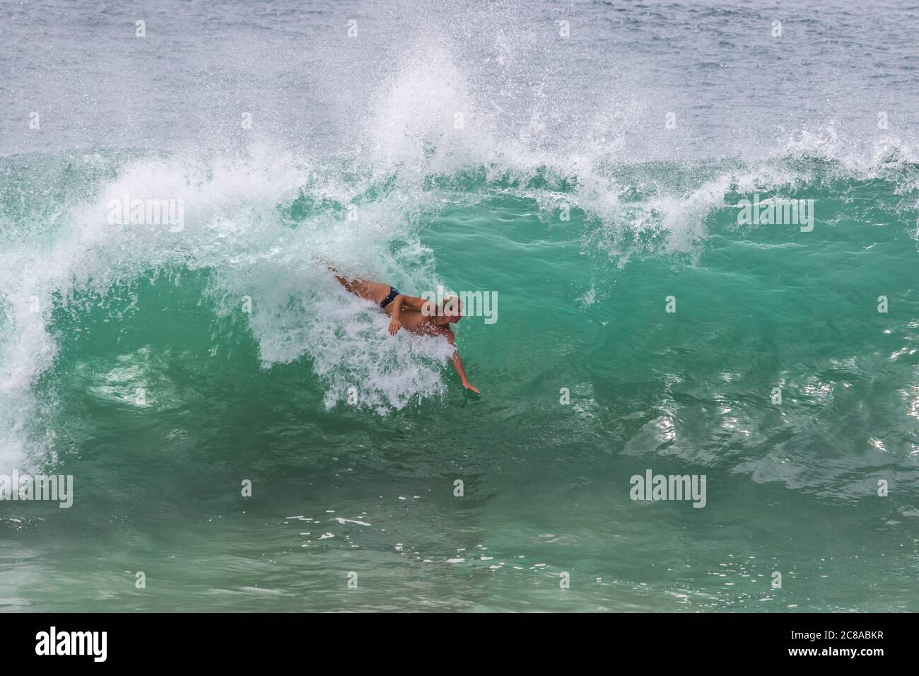 Bodysurfer bodysurfing The Wedge Newport Beach California USA Stock