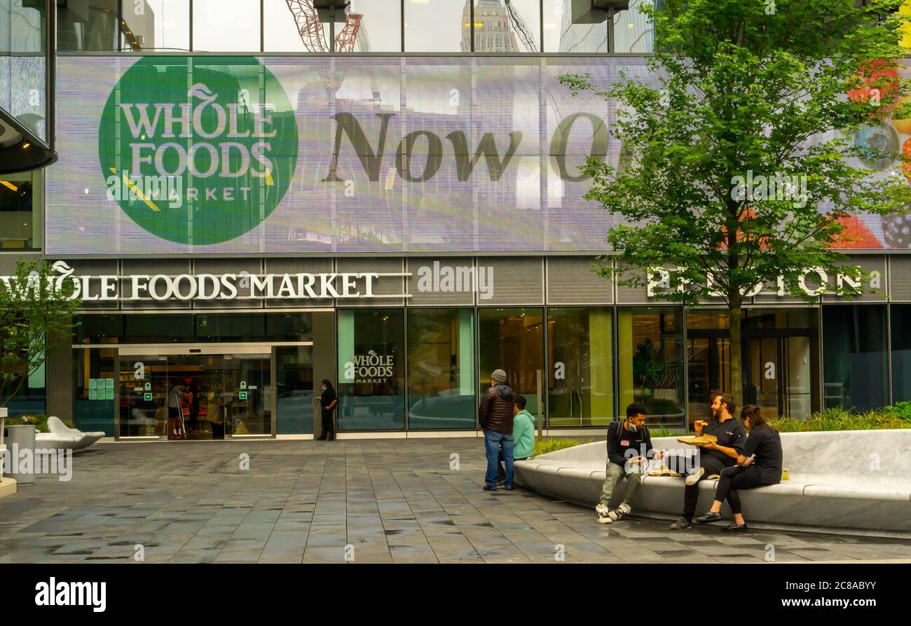 An entrance to the new Whole Foods Manhattan West in the Hudson Yards neighborhood of New York on opening day, Friday, July 17, 2020. (© Richard B. Levine) Stock Photo