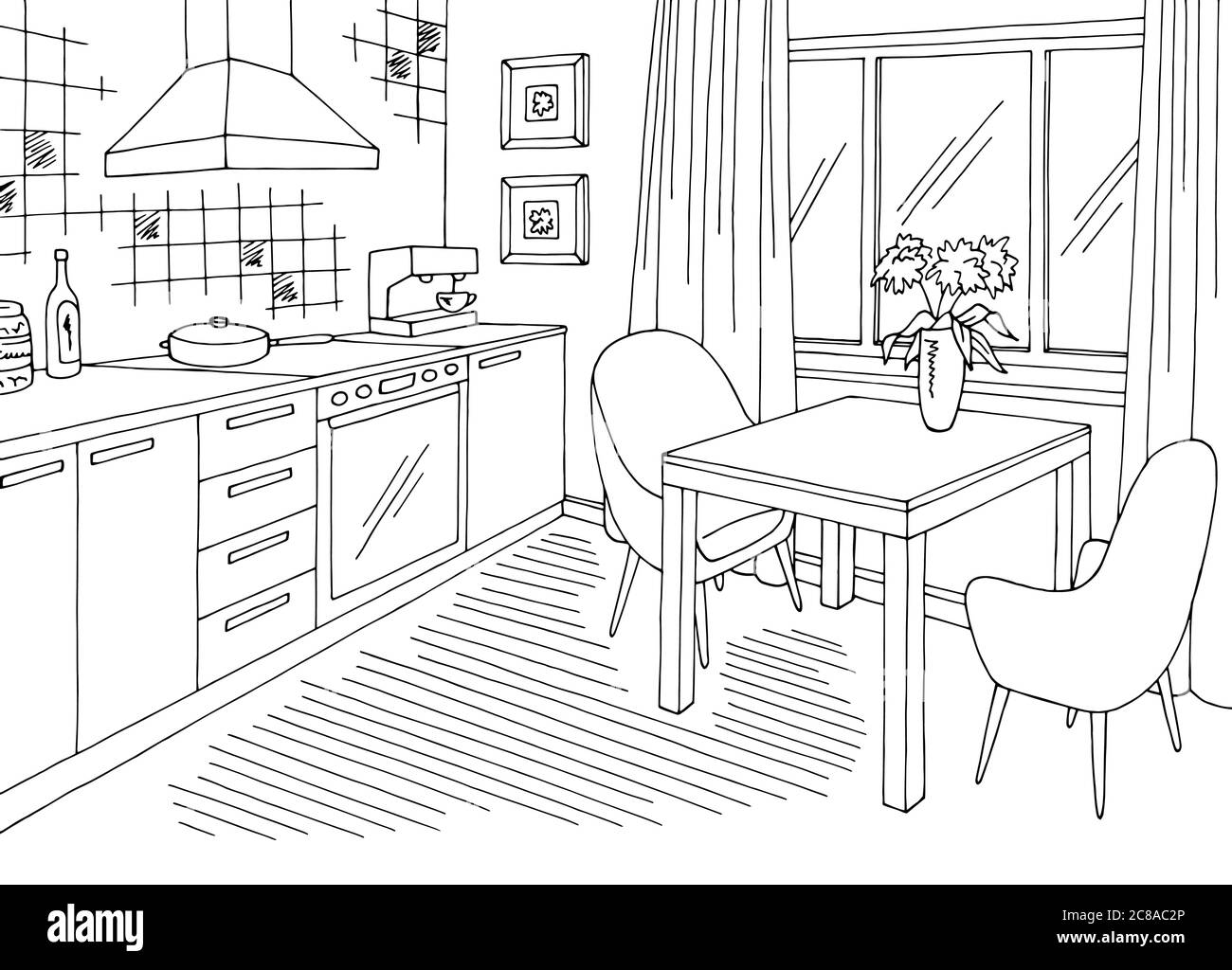 Kitchen room graphic black white home interior sketch illustration vector Stock Vector