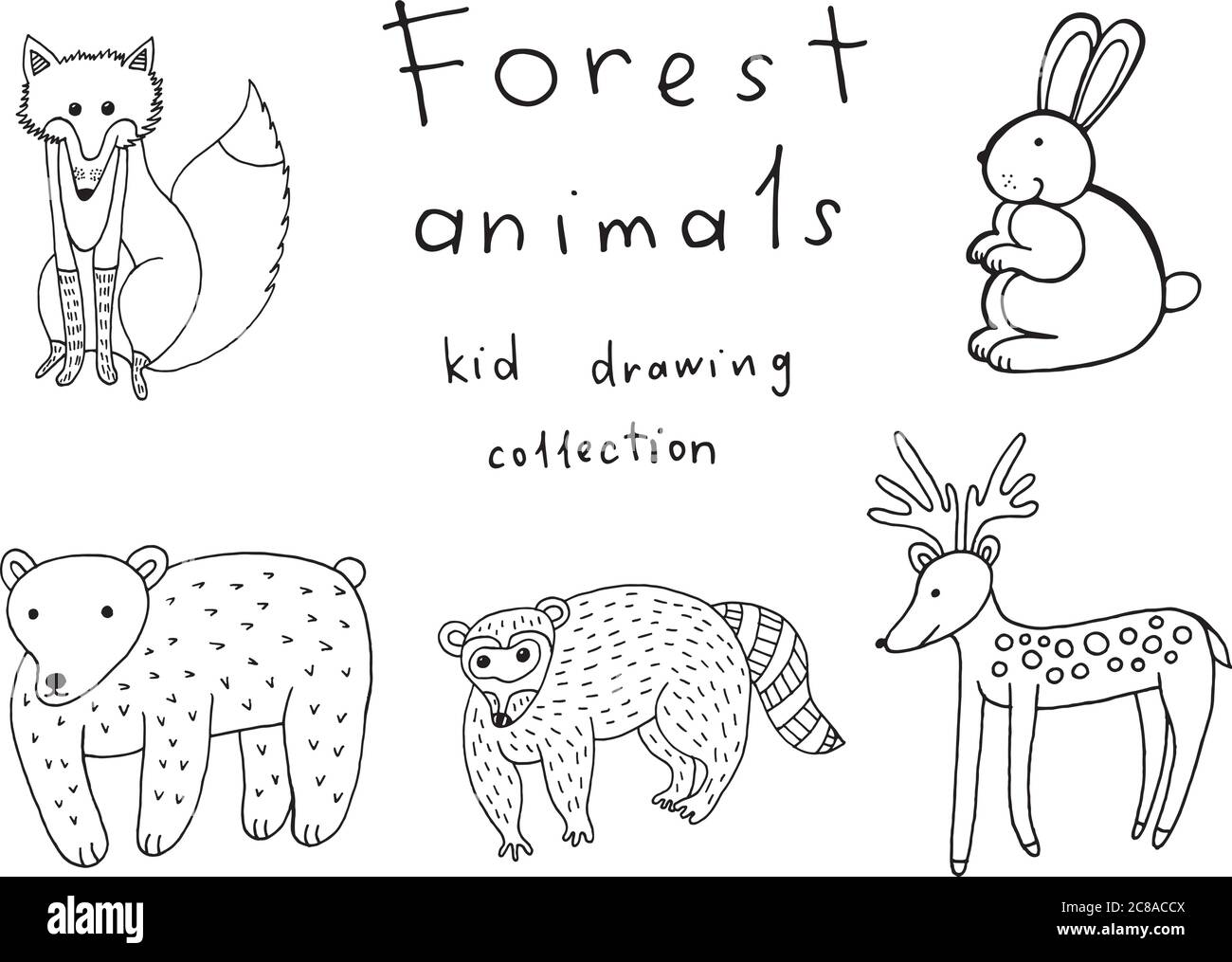 Kids drawing of animals. Doodle collection of funny coloring pag ...