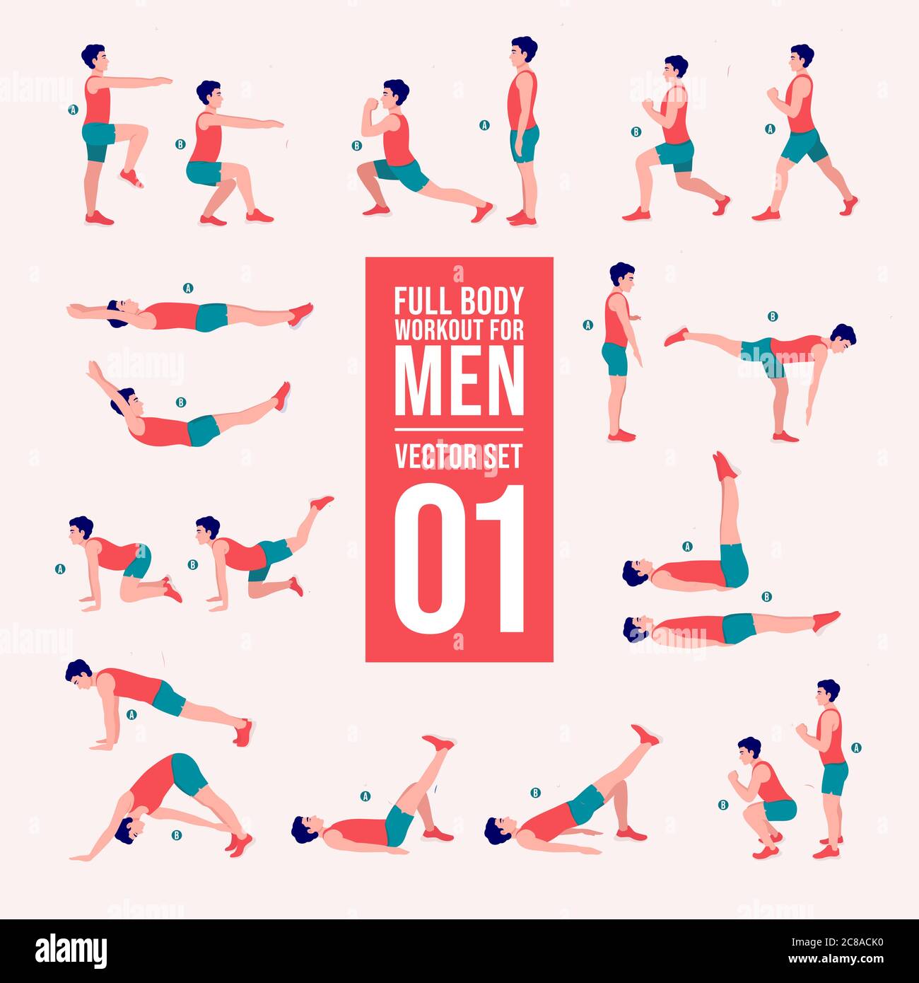 Workout men set. Men doing fitness and yoga exercises. Lunges, Pushups, Squats, Dumbbell rows, Burpees, Side planks, Situps, Glute bridge, Leg Raise, Stock Vector