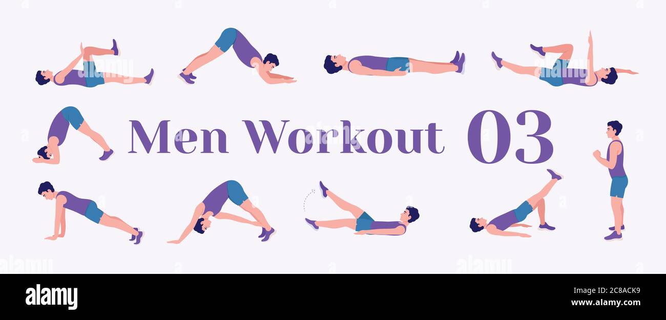 Workout men set. Men doing fitness and yoga exercises. Lunges, Pushups, Squats, Dumbbell rows, Burpees, Side planks, Situps, Glute bridge, Leg Raise, Stock Vector