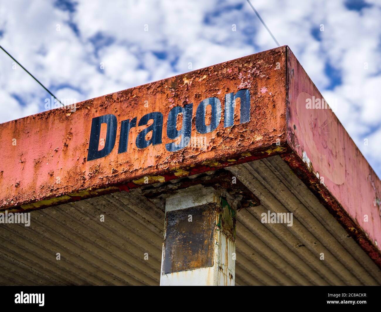 Derelict Dragon Petroleum Ltd garage in Blaenau Ffestiniog in North Wales Stock Photo