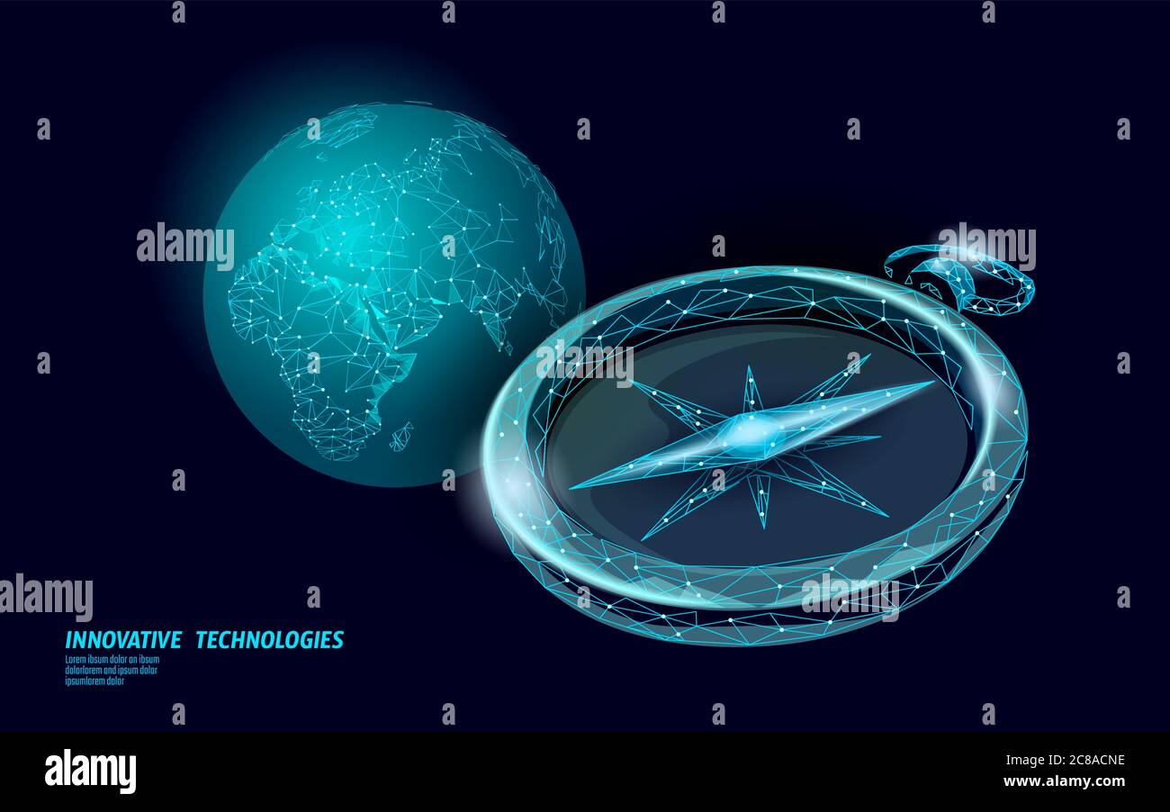 3D low poly compass. Business global international strategy concept. Journey travel direction destination banner. World exploration creative idea Stock Vector