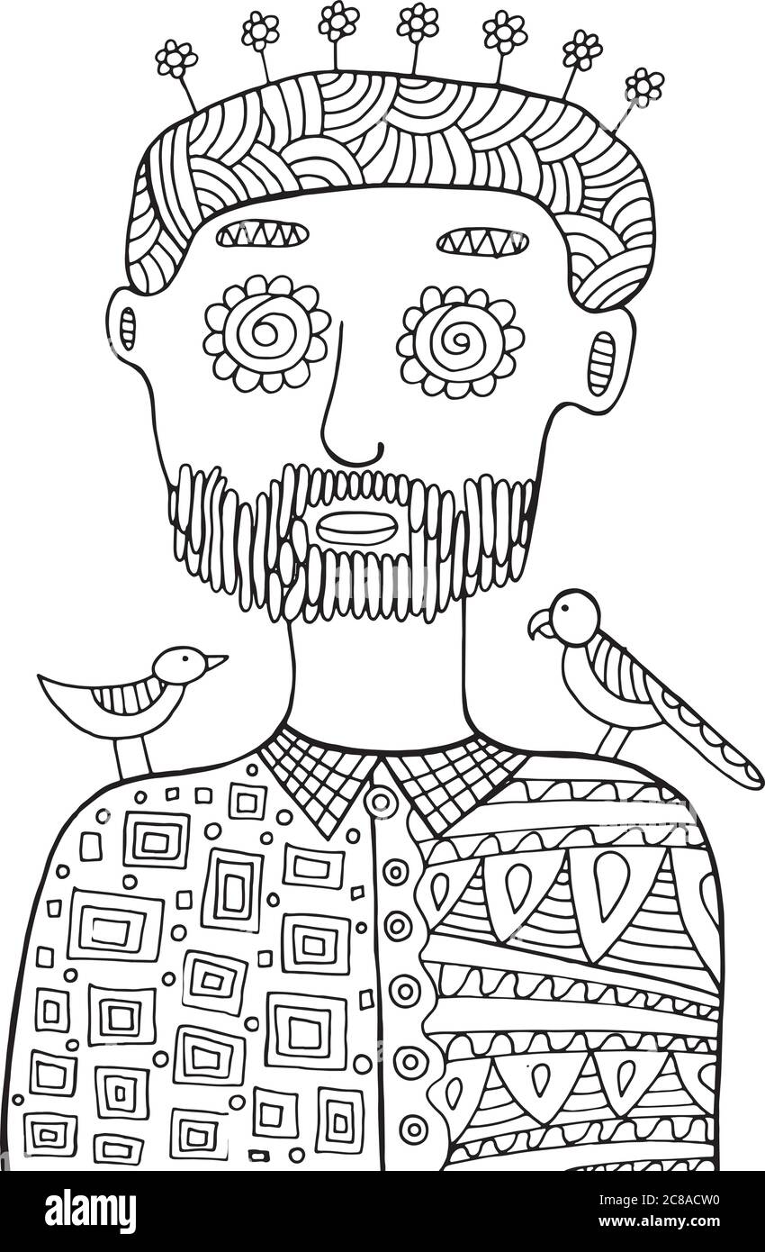 HIpster man with birds and flowers on his head. Coloring page for adults Stock Vector