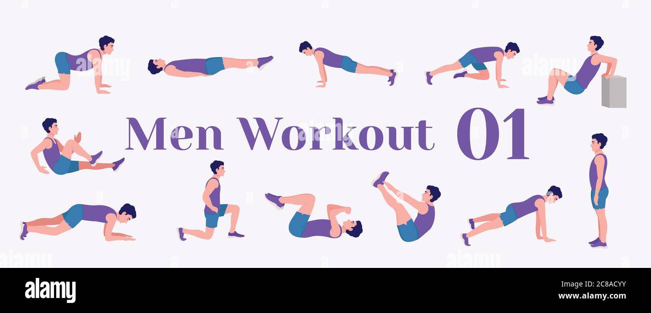 Workout men set. Men doing fitness and yoga exercises. Lunges, Pushups, Squats, Dumbbell rows, Burpees, Side planks, Situps, Glute bridge, Leg Raise, Stock Vector