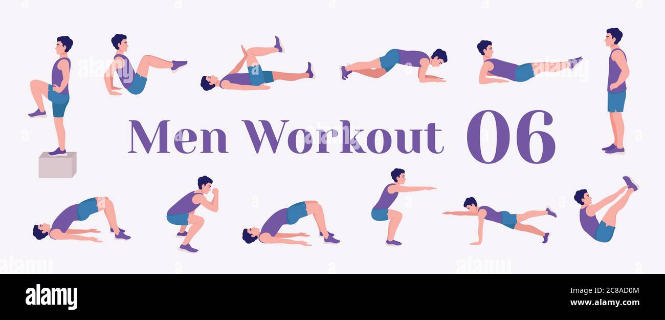 Workout men set. Men doing fitness and yoga exercises. Lunges, Pushups, Squats, Dumbbell rows, Burpees, Side planks, Situps, Glute bridge, Leg Raise, Stock Vector