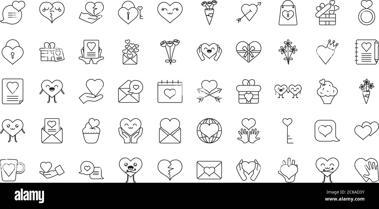 hearts and love icon set over white background, line style, vector ...