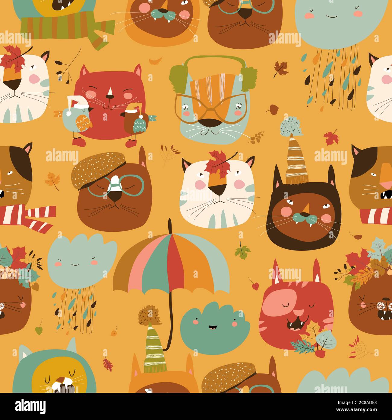 Seamless pattern with muzzles cats and autumn elements Stock Vector