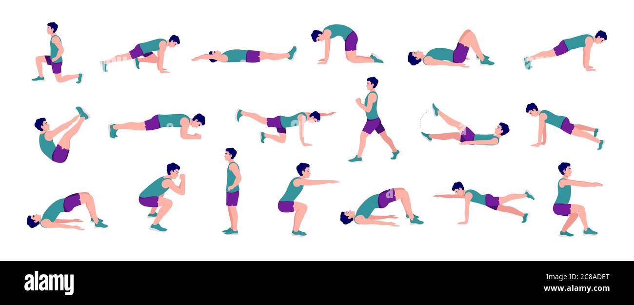 Workout men set. Men doing fitness and yoga exercises. Lunges, Pushups, Squats, Dumbbell rows, Burpees, Side planks, Situps, Glute bridge, Leg Raise, Stock Vector