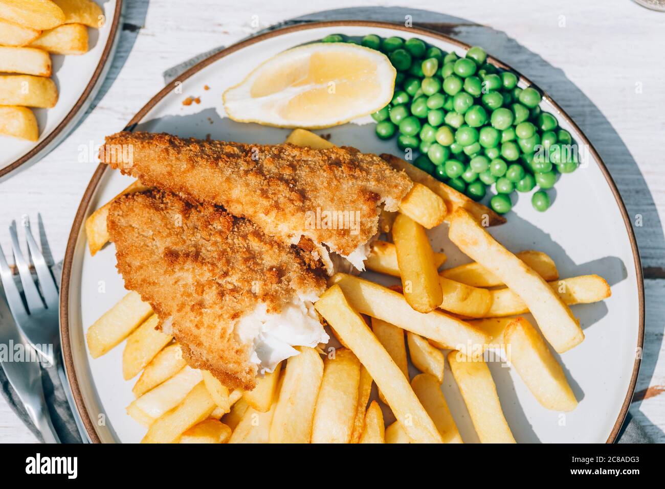 Fish and Chips with peas Stock Photo