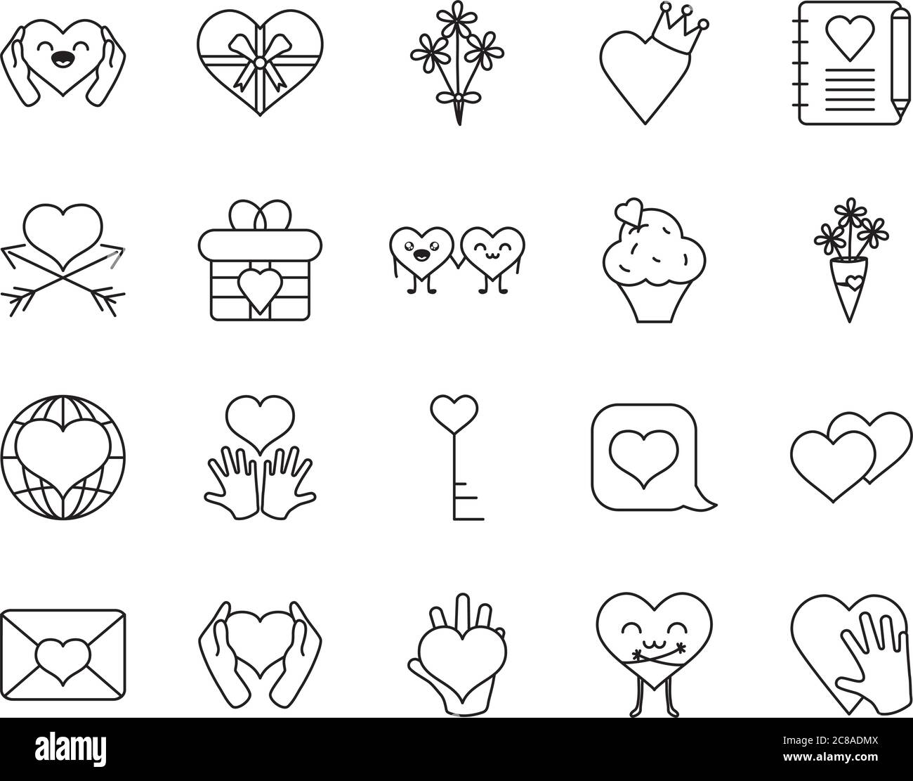 love key and hearts icon set over white background, line style, vector ...