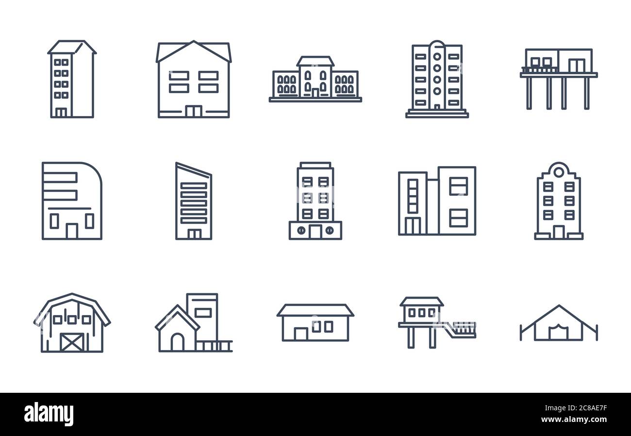 Buildings line style icon set design, City architecture urban modern ...