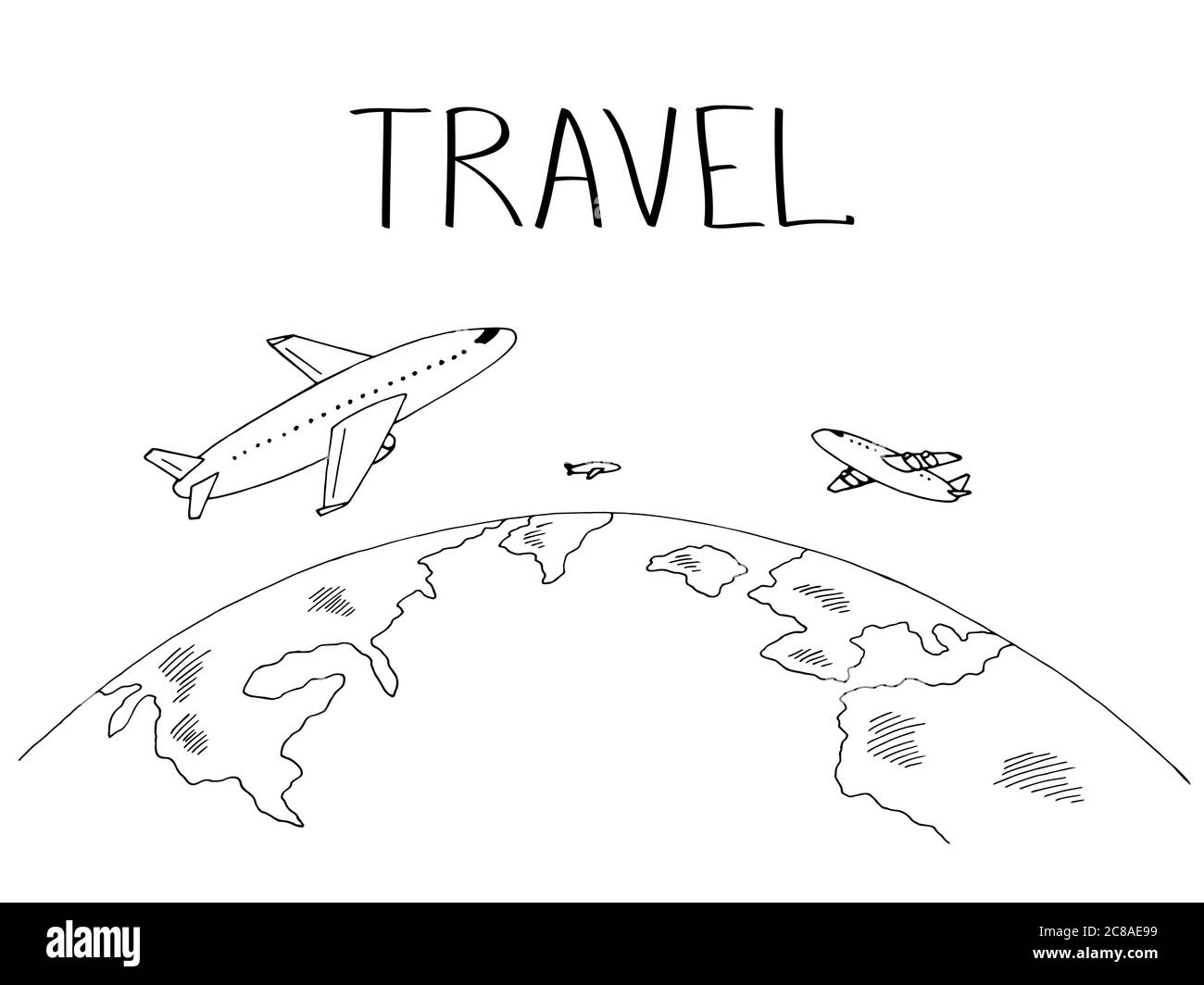 Planes fly around earth graphic black white travel sketch illustration vector Stock Vector