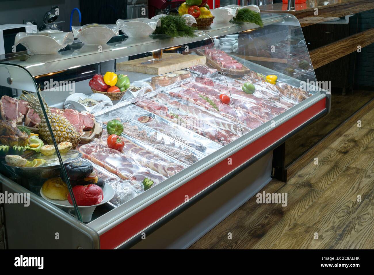 Meat display in the restaurant meat for steak and barbecue in the Steakhouse Stock Photo