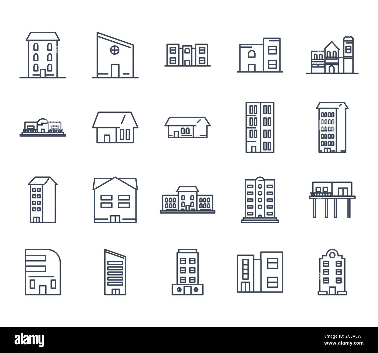 Buildings line style icon set design, City architecture urban modern ...