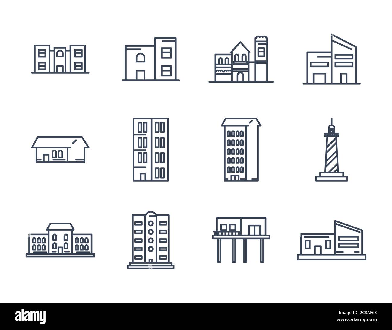 Buildings line style icon set design, City architecture urban modern ...