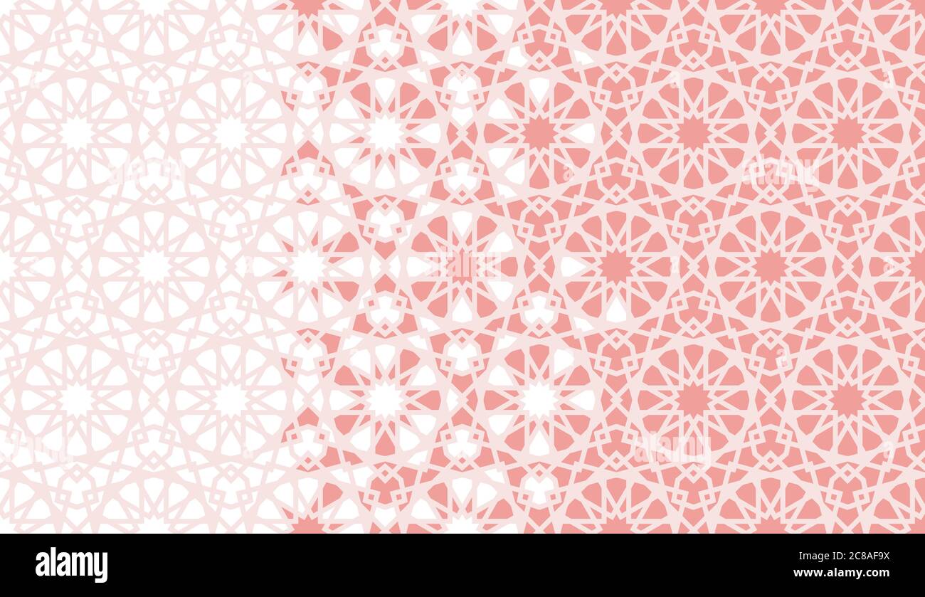 Arabesque vector seamless pattern. Geometric halftone texture with coral or orange color tile disintegration. Arabesque vector background Stock Vector