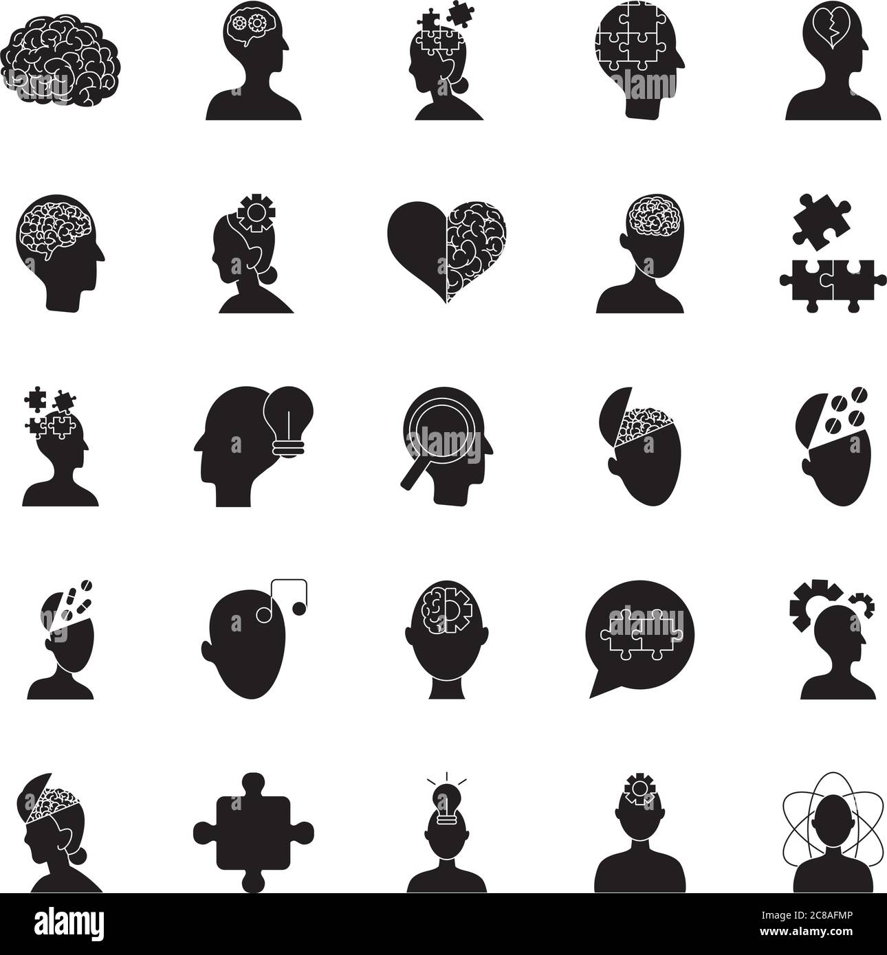 heart and mental health icon set over white background, silhouette ...