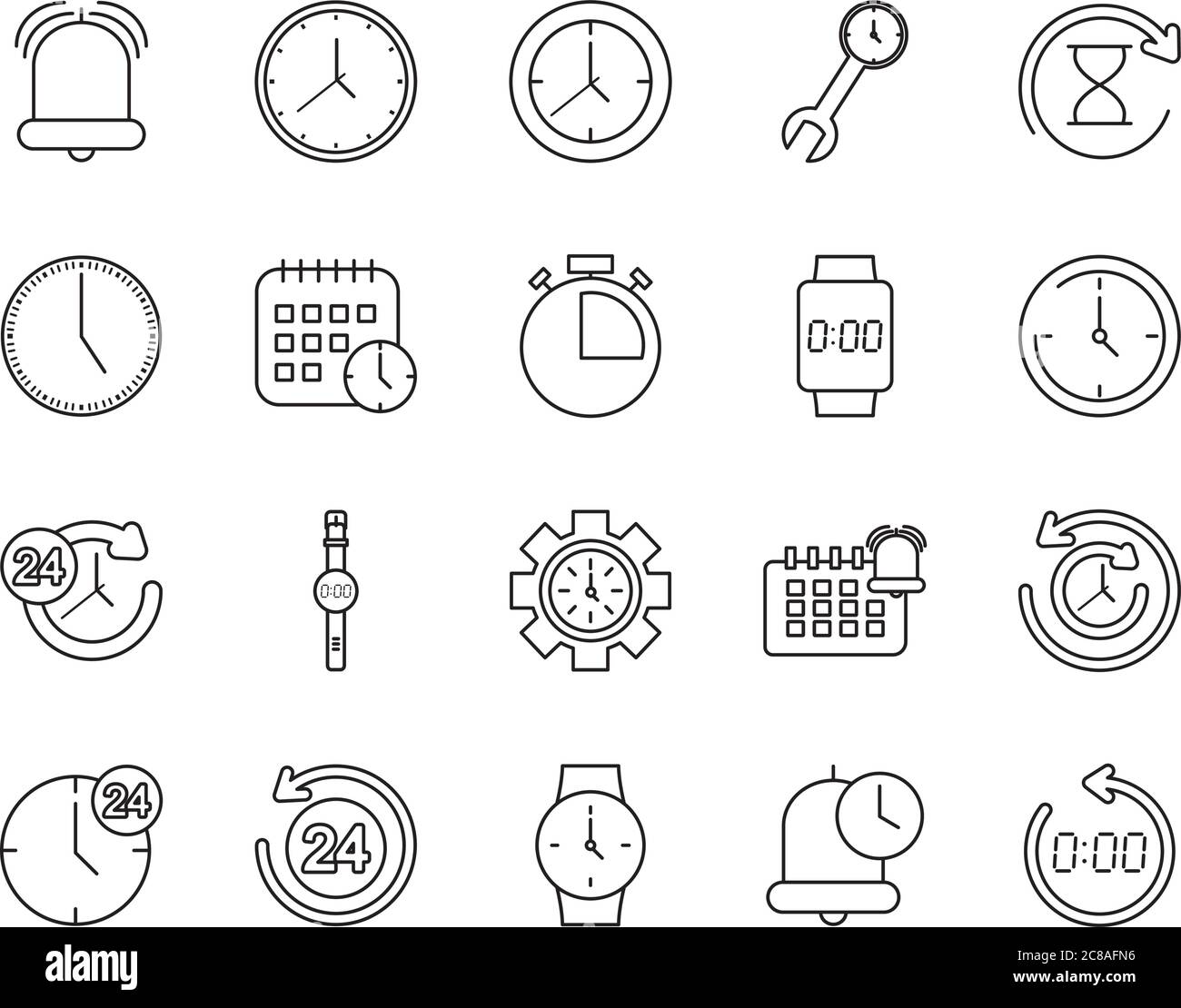 bell and time icon set over white background, line style, vector ...