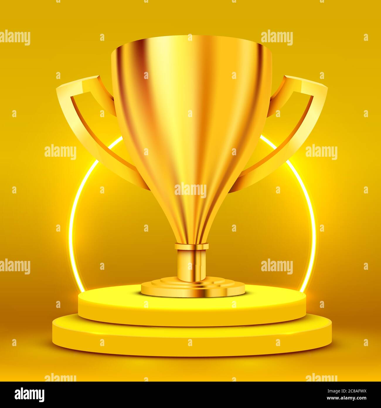 Realistic Golden Trophy on round podium illuminated with spotlight. Award ceremony concept