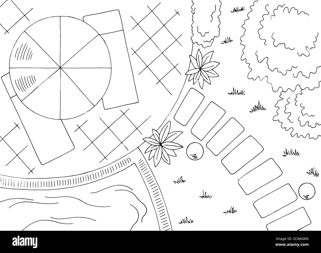 Garden landscape architect design backyard graphic black white sketch aerial view illustration vector Stock Vector