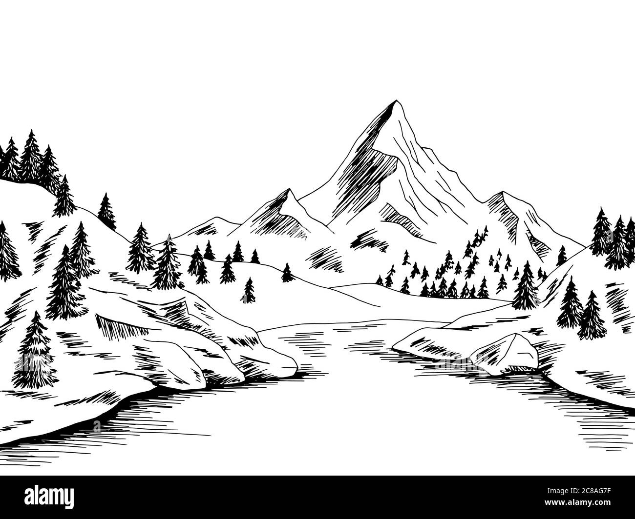 Mountain river graphic black white landscape sketch illustration vector